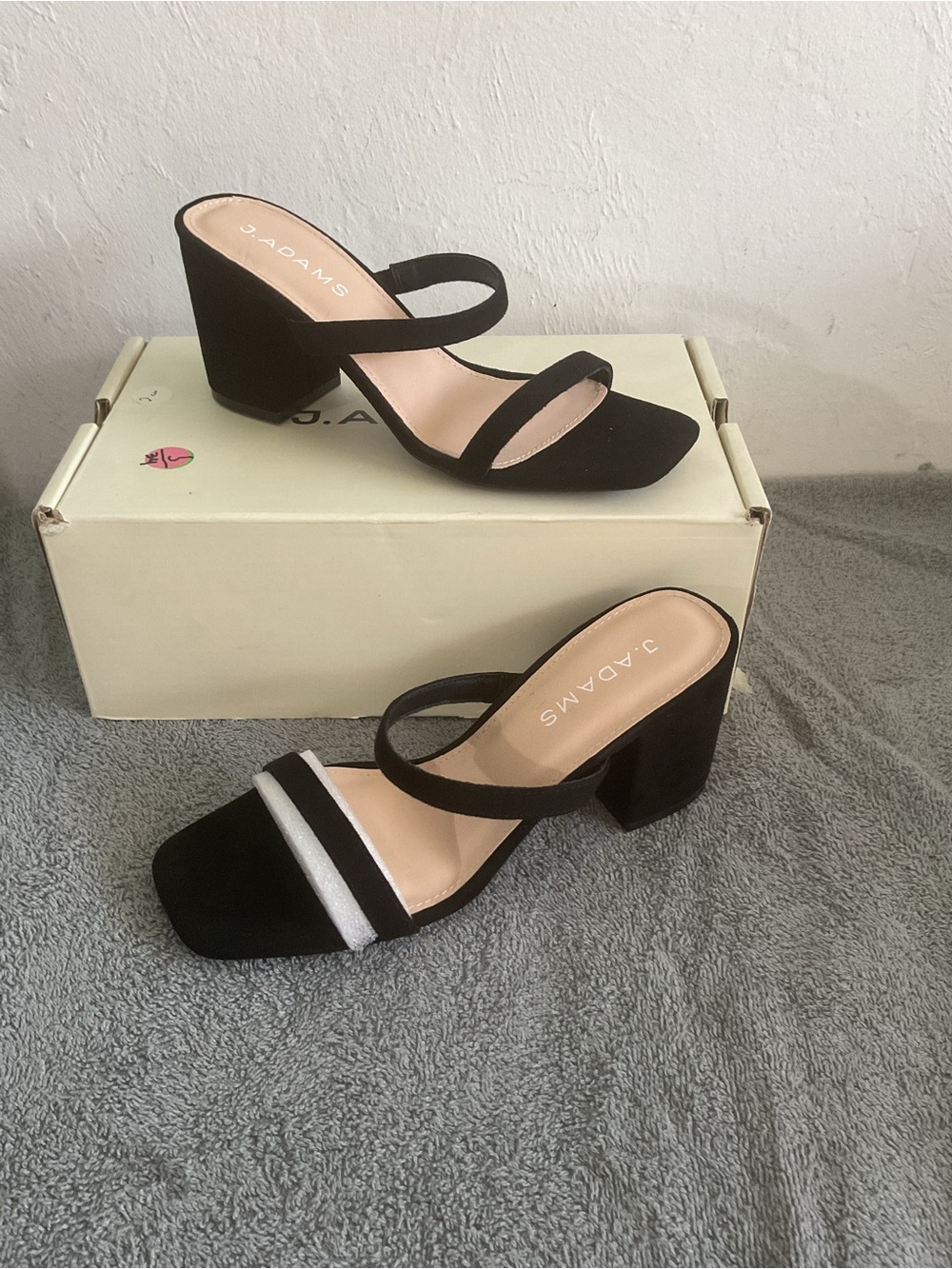 J. Adams Black Double-Strap Block Heel Sandals with White Accent